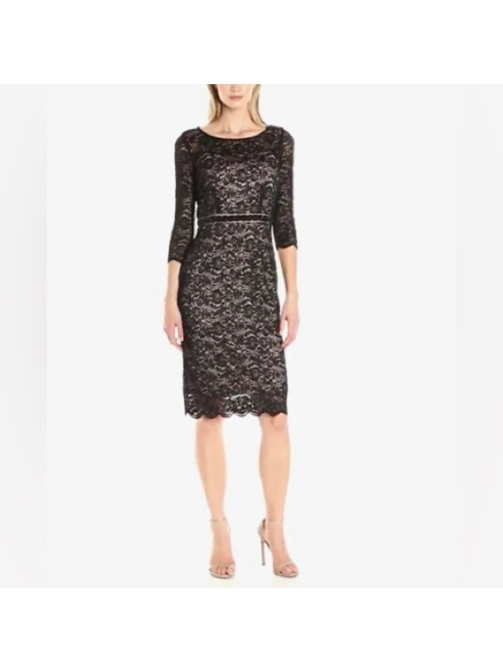 ALEX EVENINGS Party Dress  Black Lace 3/4 Sleeve Knee length Beaded Belt Sx 6